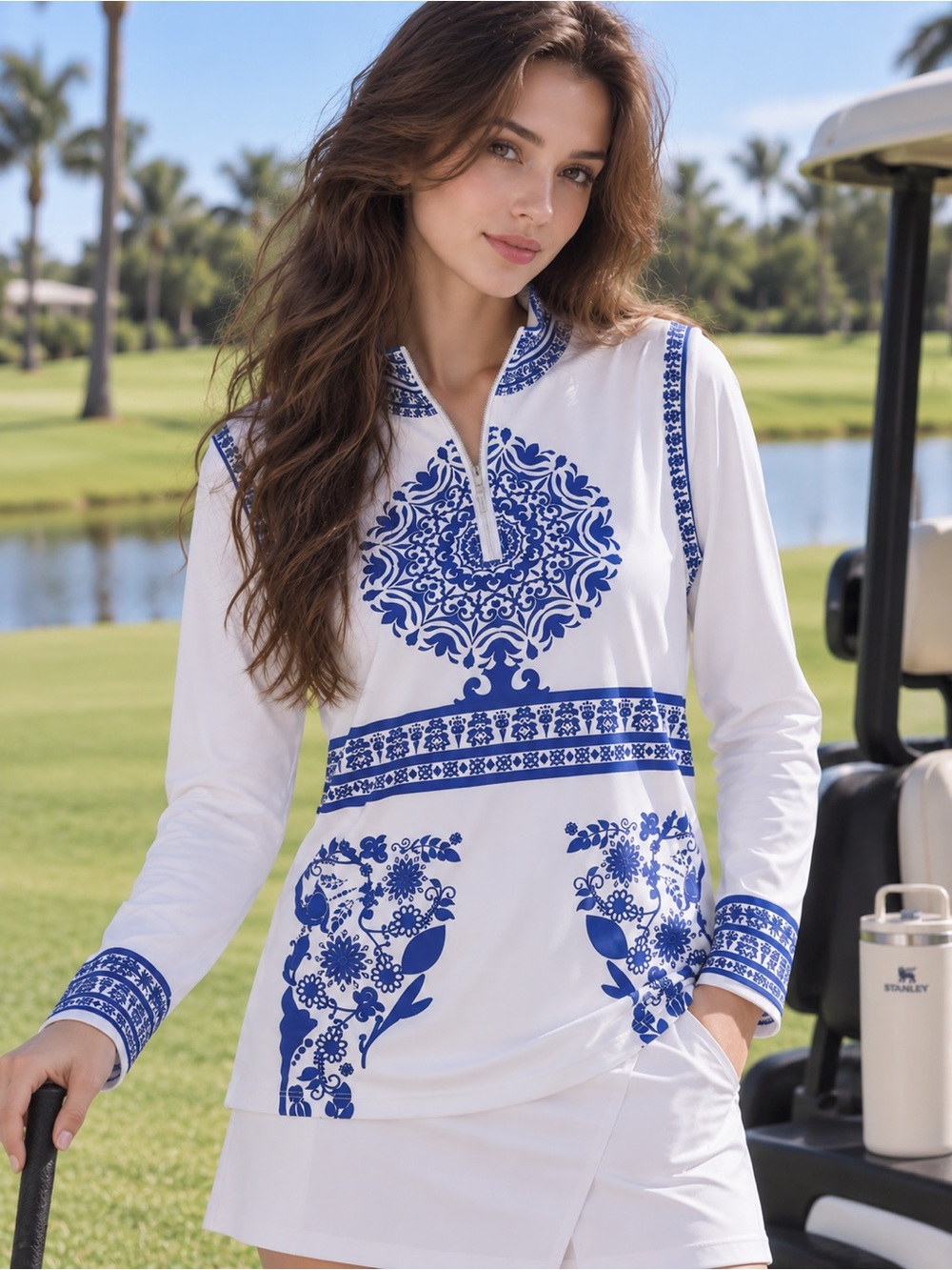 NWT ACEGOLFS Blue White Porcelain Print Quarter Zip Golf Top Size L